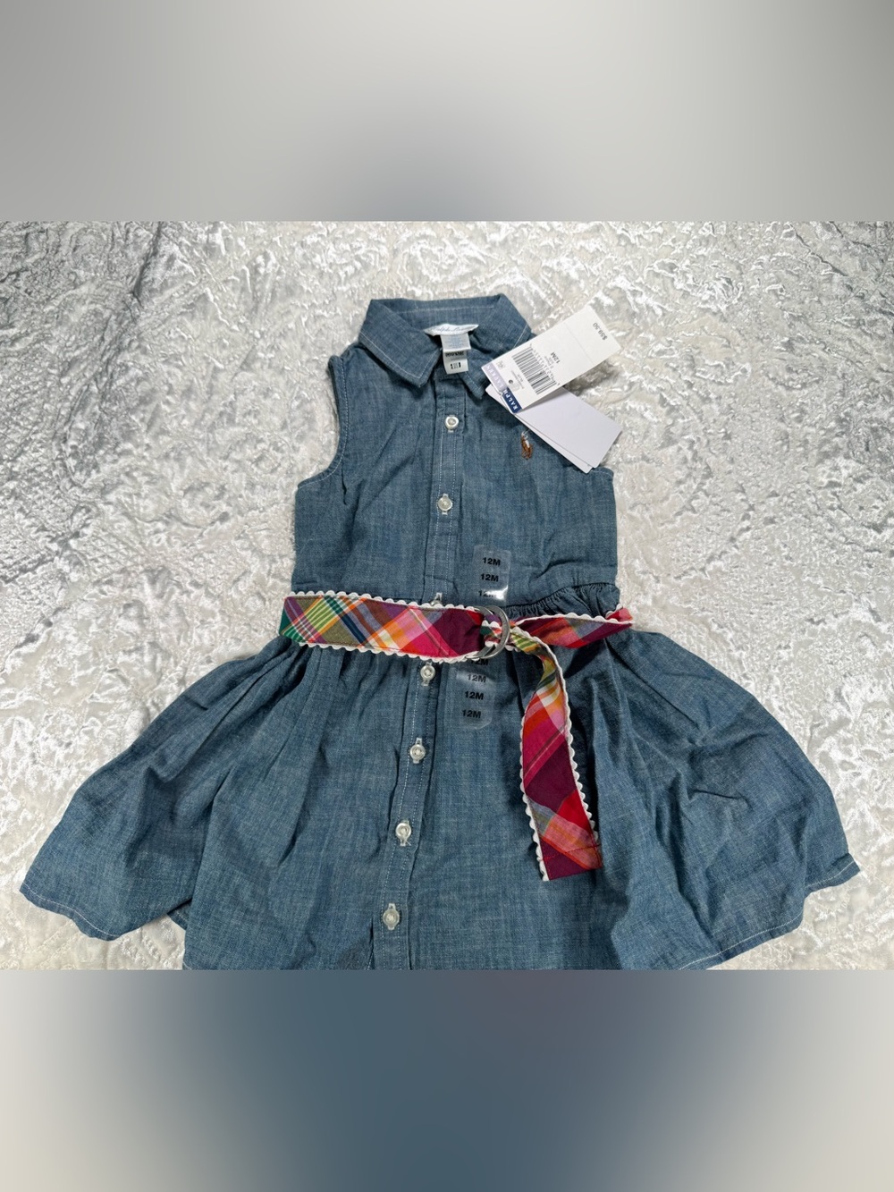NWT Ralph Lauren Blue Chambray Sleeveless Dress with Multicolor Plaid Belt
